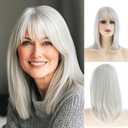 Long Silver Wigs for Women Natural Straight Wig with Bangs,Synthetic Hair Wig for Daily Party Use (White)