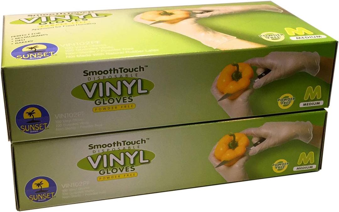 200 Disposable Vinyl Gloves, Non-Sterile, Powder-Free, Smooth Touch, Food Service Grade, Medium Size [2x100 Pack]