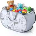 Seefoo Foldable Toy Storage Basket with Zipper Lid & Handles - Collapsible Stuffed Animal Organizer Bin, Space-Saving Lightweight Toy Chest for Kids Room, Playroom, Living Room - Animal Print, Gray
