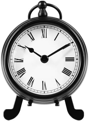 BESTIME AM-07 Black Metal Desk Clock Small and Exquisite, Easy Read White Dial Black Numerals, Indoor, Elegant, Classy Style, Office, Living, Kitchen, Bedroom, Children's Room 