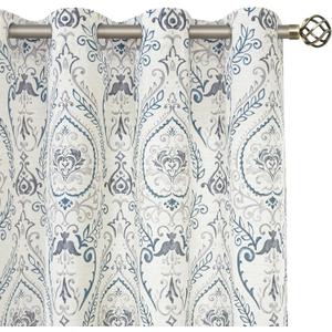 LAMIT Linen Curtains for Living Room 84 inch Length 2 Panels Set, Light Filtering Privacy Grommet Vintage Boho Damask Printed Window Drapes for Bedroom, Greyish Blue, Each 52 x 84 Inch