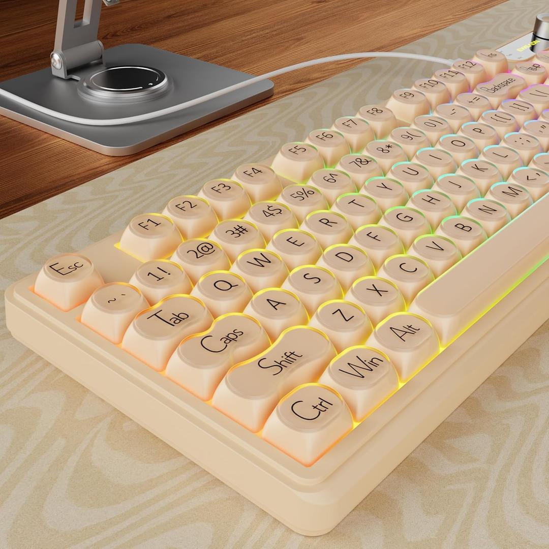 V102 Wired Keyboard, 98 Keys Creamy Gaming Keyboard with Number Pad, Display Screen & Media Knob RGB Silent Wired Cute Computer Keyboard for Laptop PC Gamer - Cream Pink