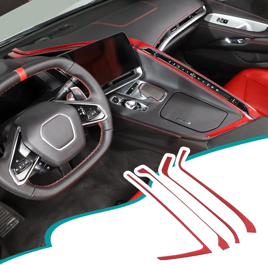 Real Soft Carbon Fiber Central Control Switch Side Trim Strip Compatible with Corvette C8 2020-2023,arbon Fiber Car Central Control Decorative Strips Sticker Interior Accessories Red