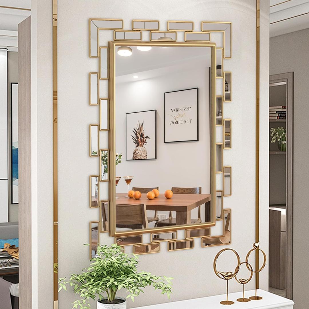 Gold Bathroom Mirror, 28x20 Inch Wall Mirror Decorative Venetian Rectangle Metal Frame Design for Living Room Bedroom Bathroom Entryway