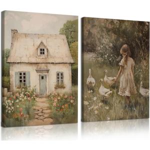 2 Pcs Framed Pastoral Scenery Canvas Wall Art, Country Farmhouse Girl with Goose Paintings Pictures Vintage Country Garden Easter Posters Prints for Living Room Bedroom Kitchen Wall Decor 16x24 Inch
