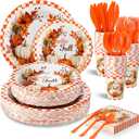Sliner 350 Pcs Fall Paper Plates and Napkins Sets Party Supplies Thanksgiving Disposable Tableware Set Heavy Duty Pumpkin Paper Plates Orange Fall Cups Napkins Knife Fork Spoon, Serve 50 Guests