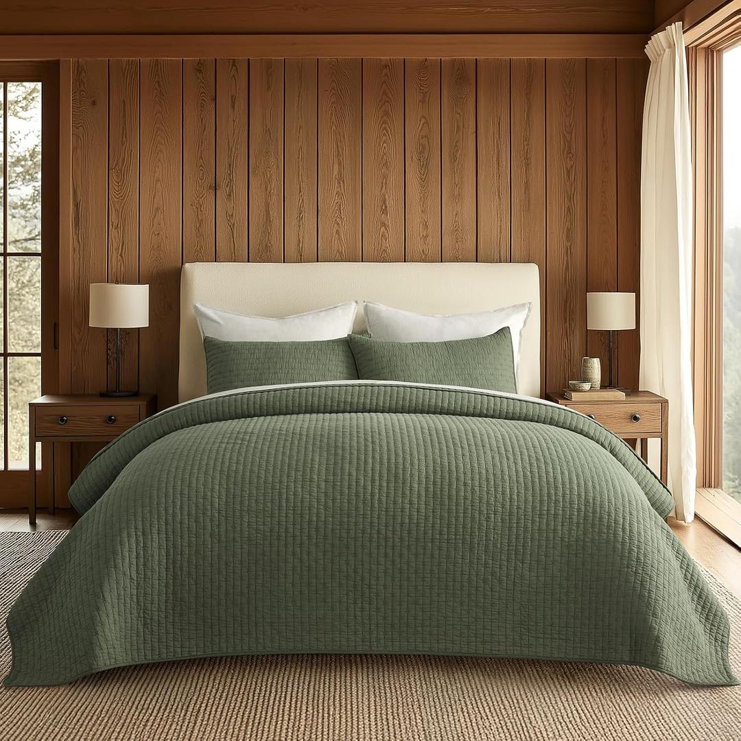 EVERGRACE Cross Stitch Pre-Washed Cotton Quilt Bedding Set King Size, Oversized 3 Pieces Lightweight Bedspread Coverlet for All Season, with 2 Matching Shams, Olive Green,108"x96" | Cross Stitch, Timeless, 100% Cotton, Pre Washed, Oeko-Tex Certified, Oversized