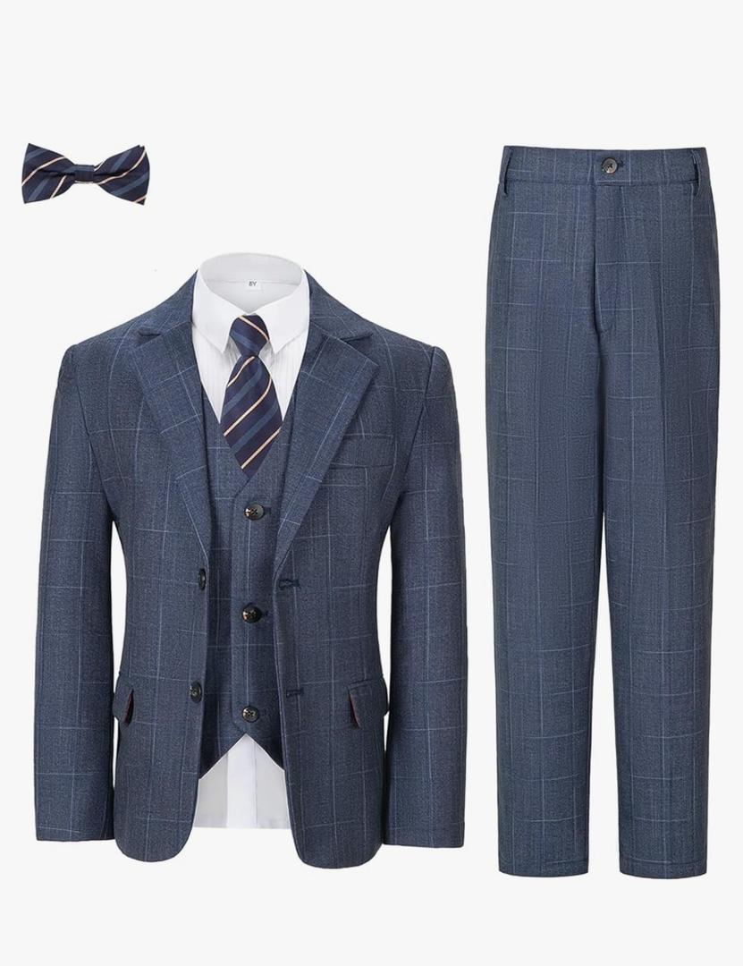 Boys Formal Suit Set Kids Toddler Tuxedo Slim Fit Plaid Suits for Teenage Boys 5-Piece Wedding Party Outfit Size Boys Toddler 5T
