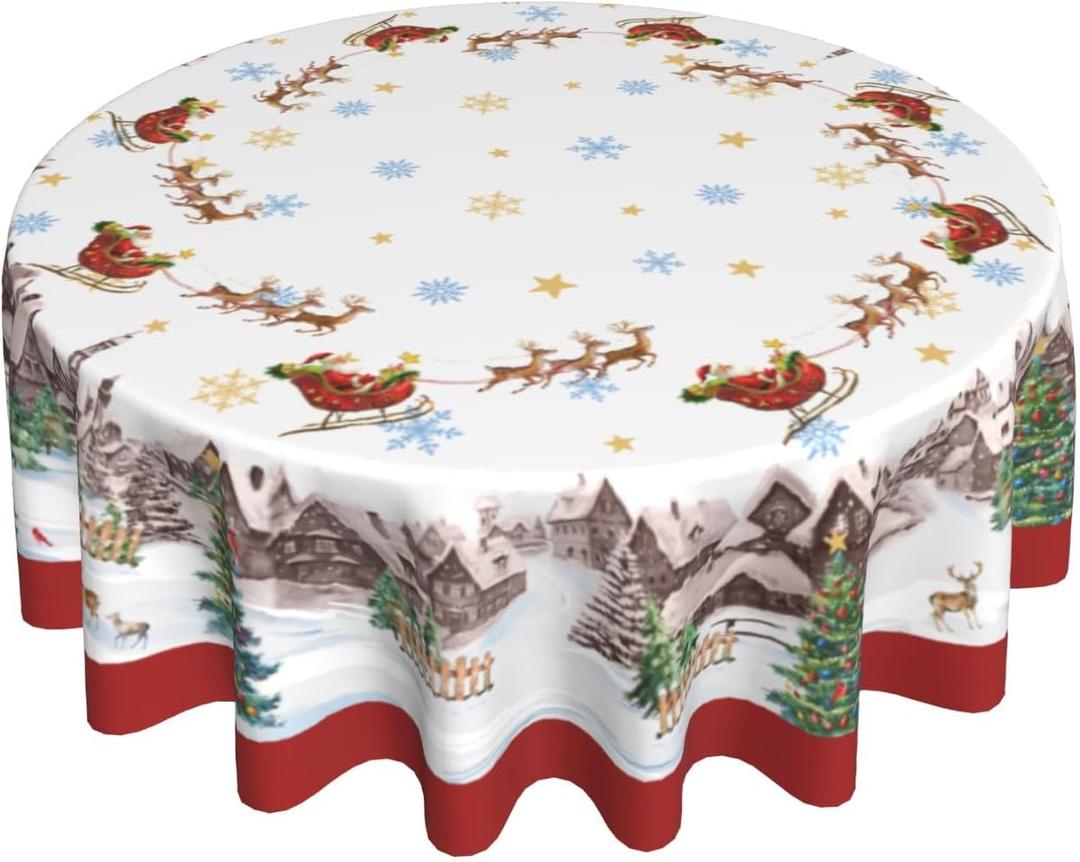 Giwawa 60in Christmas Round Tablecloth Santa Claus Sleigh Reindeer Table Cover Xmas Tree Winter Snowflakes Stain Resistant Waterproof Table Cloth for Kitchen Dining Holiday Indoor Outdoor Decor (One Size)