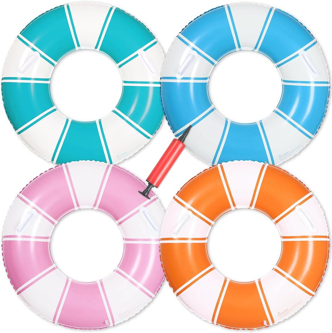 Inflatable Pool Floats with Handles 31.5 Inches 4 Colors Classic Striped Swim Rings Tubes Stripes Swimming Pool Floaties with Pump for Summer Beach Lake River Bachelorette Party Decorations