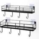 Lyeasw Black Floating Shelves Wall Mounted with 8 Removable Hanging Hooks, 15-Inch Adhesive Shower Shelf Organizer for Bathroom Kitchen Storage Rack, Set of 2