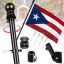 Puerto Rico Flag with Poles for Outside House, 6ft Aluminum No Tangle Spinning Flag Pole, 180 Multi- Position Mounting Bracket, 3x5 ft Nylon Puerto Rican Flag, Wind Resistant Rust Free Kit (Black)
