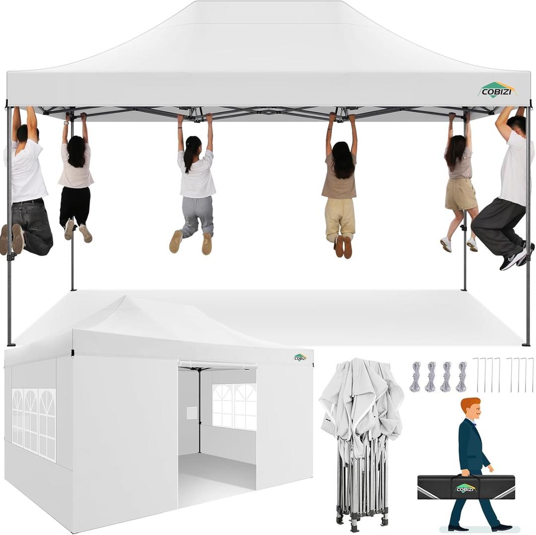 COBIZI 10x15 Heavy Duty Pop up Canopy Tent with 4 sidewalls Commercial Outdoor Canopy Wedding Party Tents for Wedding All Season Wind & Waterproof Gazebo with Carry Bag, White(Frame Thickened)
