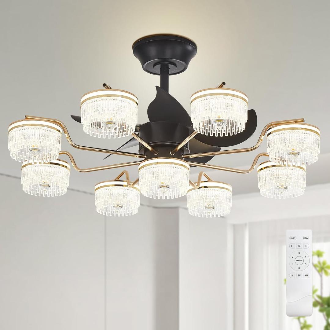 Chandelier Ceiling Fan: Modern Fandelier - 9 Light Sputnik Fixture for Bedroom Living Room - 5 Blades, 6 Speed, 3 Color Change, Black 39.4" (9 Lights, Black & Gold)