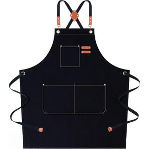AFUN Chef Aprons for Women Men with Oversized Pockets, 12-Ounce Cotton Canvas Cross Back Water Repellent Apron (Black)