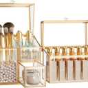 Makeup Brush Organizer  Vanity Organizer with 18-Slot Lipstick Organizer & Makeup Brush Holder with Lid  Skincare, Perfume & Cosmetic Storage for Bathroom or Dresser (White)
