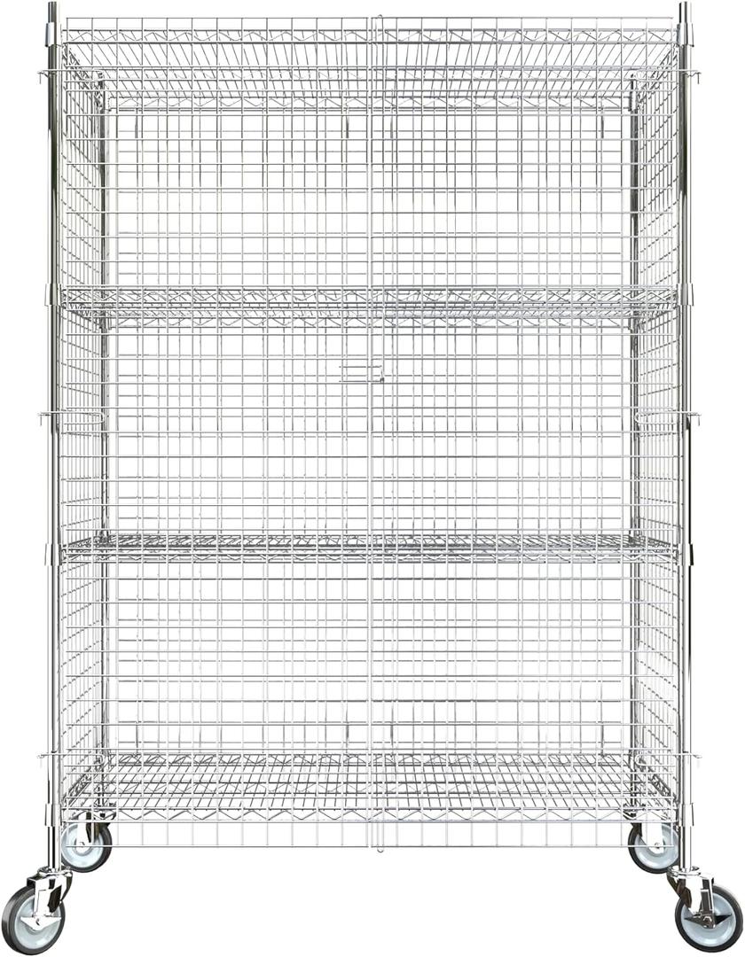 Commercial Grade NSF Listed Metal Wire Mesh Storage Chrome Mobile Security Cage Kit, 24" x 48" x 70", Perfect for Warehouse, Grocery Store, Restaurant, Dishroom