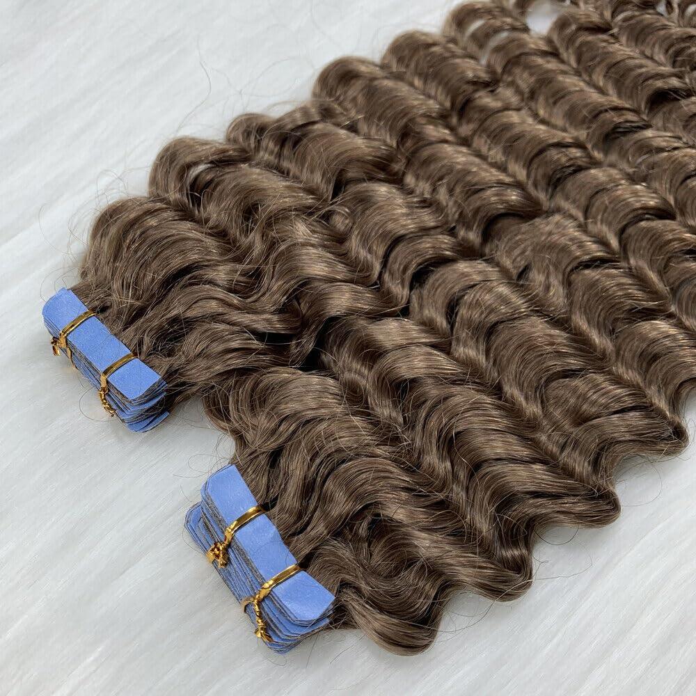 18Inch 45cm Tape-in Curly Hair Extensions Seamless Tape Weft Remy Human Hair (18inch, Ash Brown)