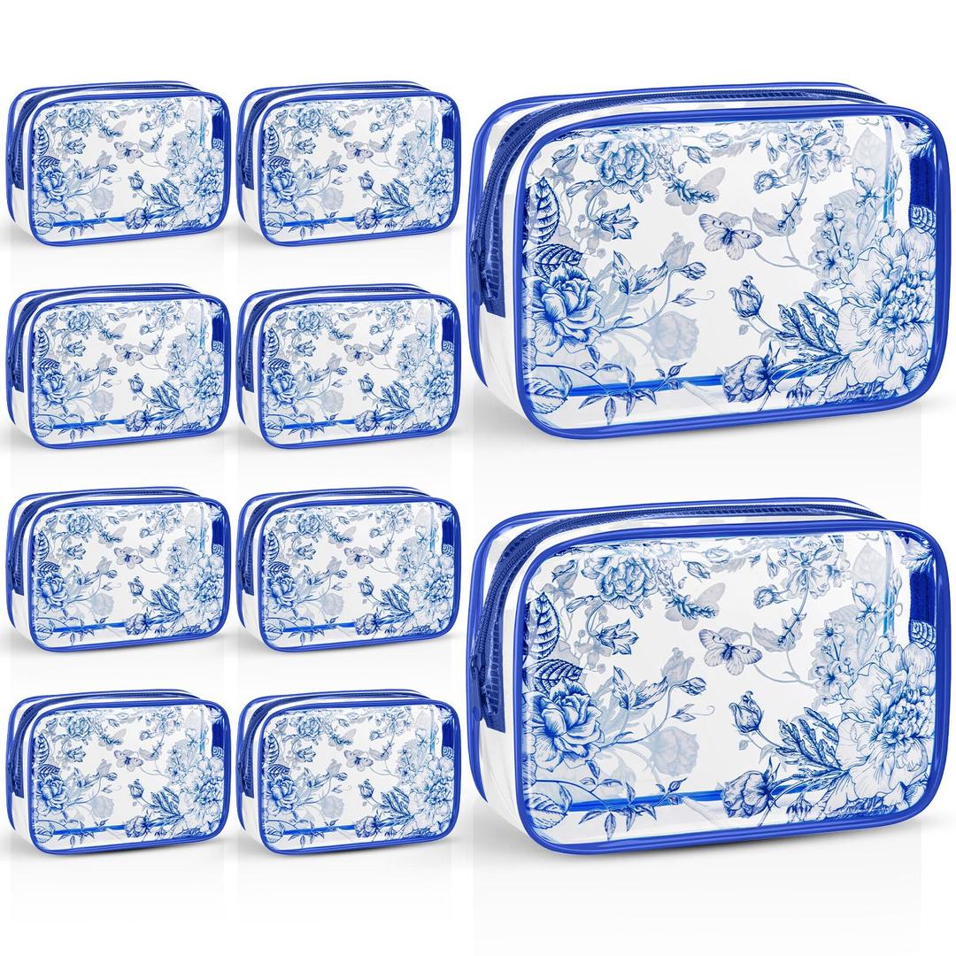 SilTriangle Set of 10 Clear Floral Cosmetic Bags PVC Makeup Bags Waterproof Travel Organizer Toiletry Pouches for Wedding Birthday Baby Shower Party Ideal Gift for Women Nurse Bridesmaid(Blue)