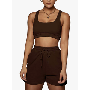 Bodycon Tracksuit 2 Piece Outfit - Tank Crop Top High Waist Drawstring Short Sets Solid Workout Sports Set Sexy Sweatsuit Size M, Brown