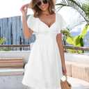 Florboom Women's Sweetheart Knot Front Dress Flutter Sleeve Tie Back A-Line Chiffon Mini Dresses (White, L)