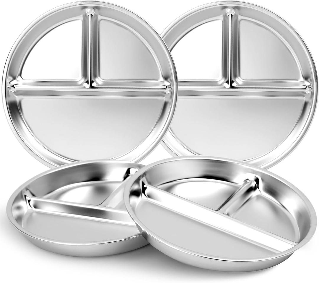 Bakpoco Stainless Steel Kids Plates 4 Packs, Deepened 9" Portion Control Plate Divided Plate for Toddlers Adults Family Bariatric Weight Loss & Diabetic Diet, Non Toxic Unbreakable Dinner Dishes
