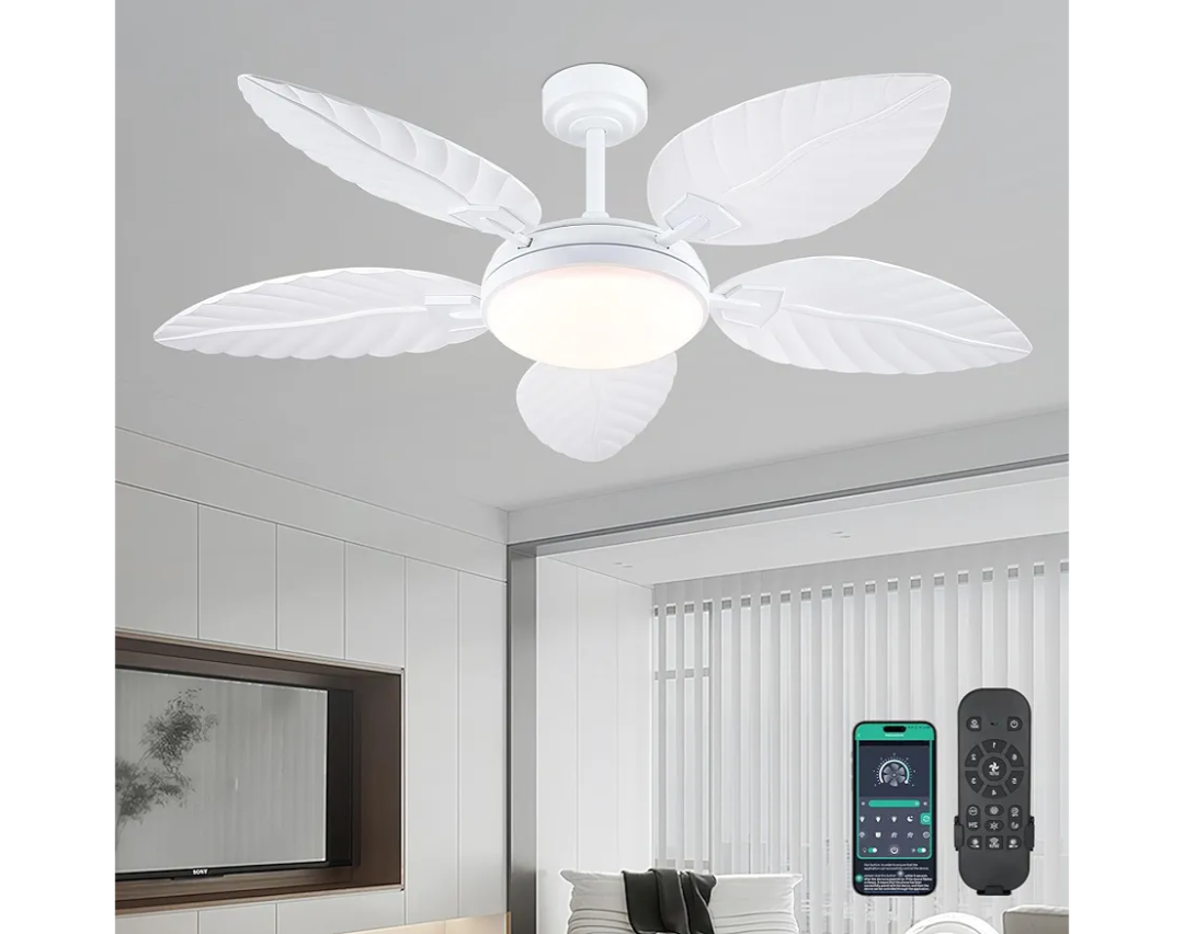 PHORUS 52" Palm Leaf Ceiling Fan with Lights, White Tropical Outdoor Ceiling Fan with Remote/APP for Bedroom Patio,Dimmable 3 Colors 6 Speeds