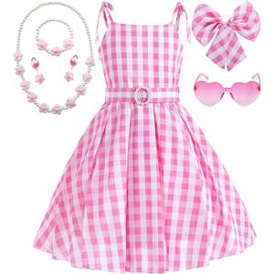 Golray 7pcs Girls Plaid Costume Dress Sweet Slip Dress with Accessories Movie Outfit Birthday Halloween Costume for Girls (110(4-5Years), Pink)