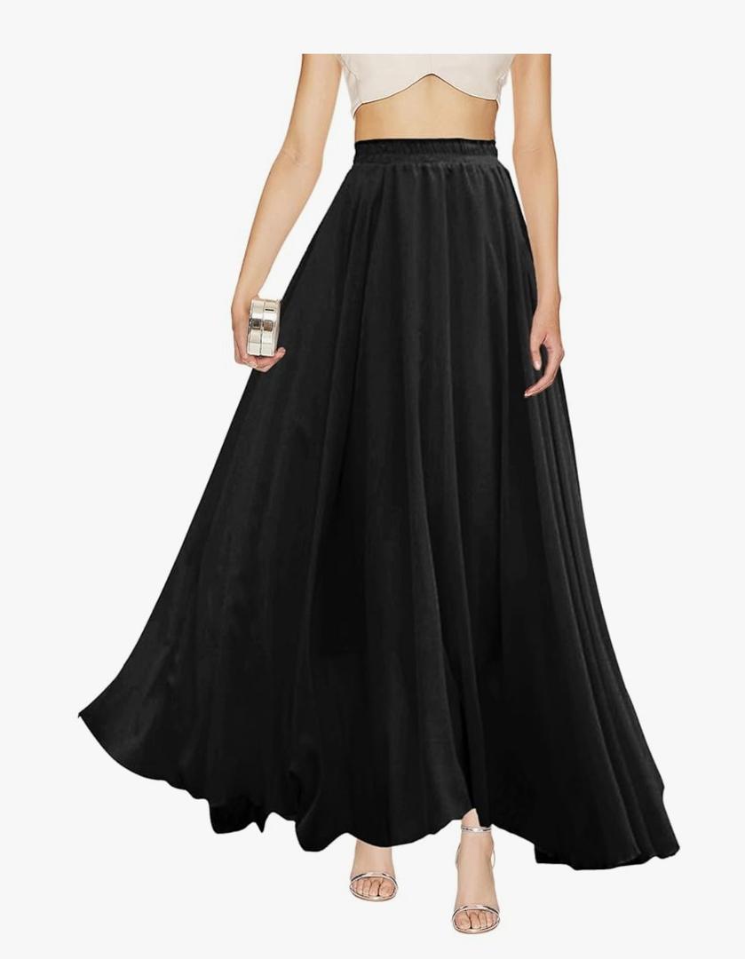 v28 Women Full/Ankle Length Elastic Pleated Retro Maxi Chiffon Long Skirt, Size: S/M
