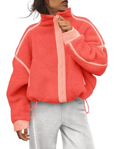 Panadila Womens Fleece Zip Up Jacket Fuzzy Sherpa Jacket Casual Teddy Coats Winter Outerwear with Pockets (Coral Pink Combo,L)