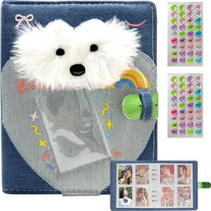 WAYUTO A5 Kpop Photocard Binder Y2K Aesthetic Blue photocard holder 20Pcs 4-Pocket Detachable Inner Pages Plush Puppy Photo Card Binder for 3-Inch Photocard with 2Pcs Colorful Heart Shaped Stickers