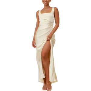 Summer Vacation Satin Maxi Dresses for Women 2026 Square Neck Formal Elegant Tank Top Wedding Guest Dress with Slit (Yellow, S)