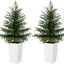 4FT Tall 2 Pack Artificial Cedar Topiary Trees with Spreading Layered Shape, Realistic Faux Cypress in Square White Pot with Fillable Water Bag, Outdoor Evergreen for Front Porch Garden Home Decor (White)