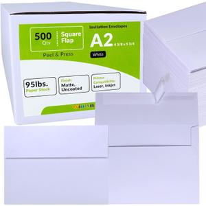 500 Pcs Bulk A2 Invitation Envelopes in White Peel & Press Self Seal 4 3/8 x 5 3/4 Square Flap Envelopes RSVP Return Envelopes 95lb. for Announcement Mailing 4x5 Greeting Cards Photo 1/4 Fold Cards