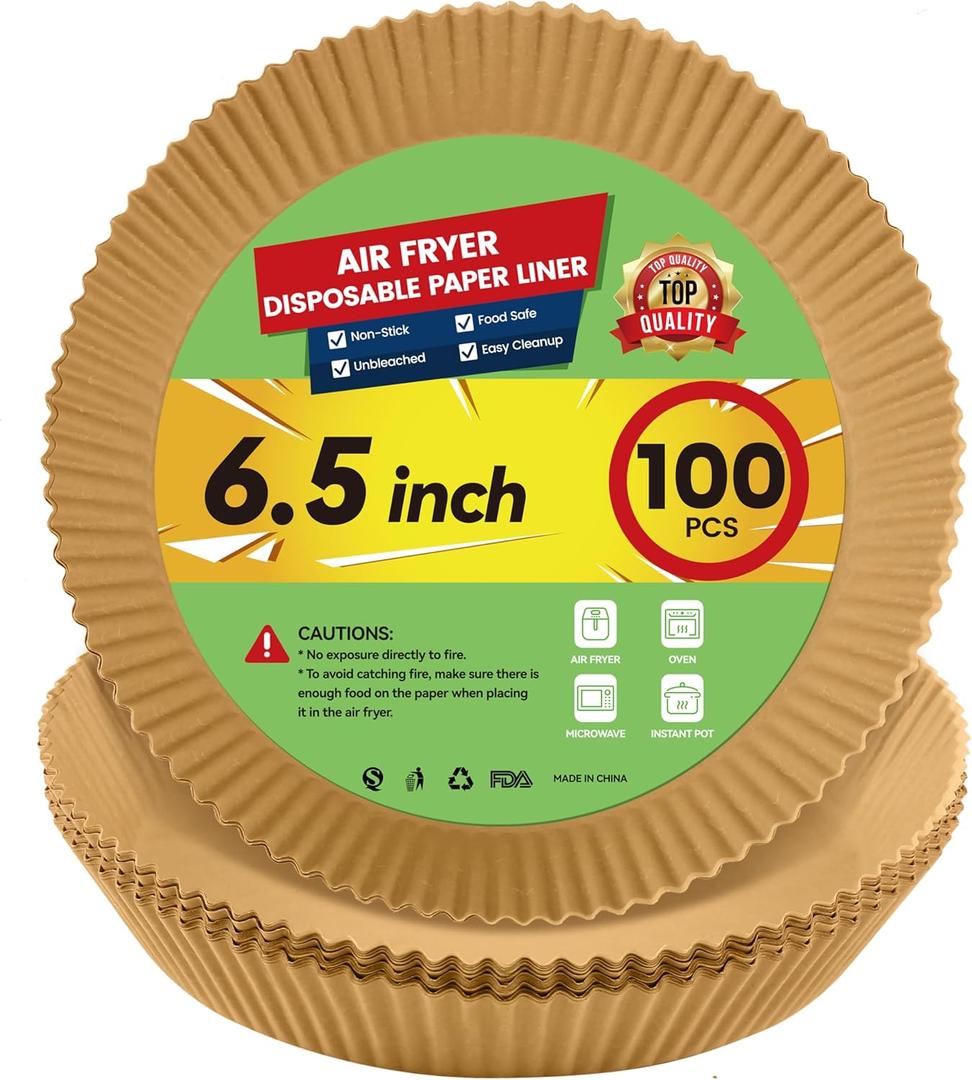Upgraded Air Fryer Disposable Paper Liners - 100 Pcs Thickened Deeper 6.5 Inch for 2-5QT Round Liners, Reversible Parchment Paper for Baking and More