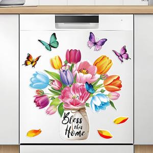 Flower Dishwasher Magnet Cover Tulip Vase Fridge Magnets Butterfly Tulip Refrigerator Sticker Spring Flower Dishwasher Sticker Decorations for Spring Fridge Dishwasher Kitchen Refrigerator Cover