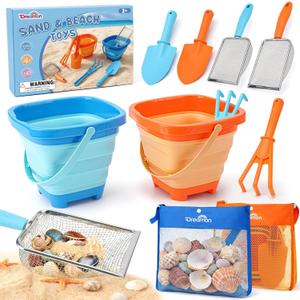 Dreamon Beach Toys, 2 Packs Travel Sand Toys for Kids Ages 4-8 | 10 PCS Sandcastle Building Kit with Collapsible Bucket, Mesh Bag, Sand Sifter, Shovel & Rake, Beach Essentials for Kids