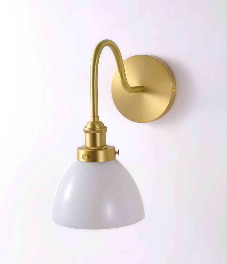 Compact Gold Wall Sconce with Brass Finish - Brass Wall Sconce Featuring Milk Glass Shade and gooseneck Design for Farmhouse Vanity - Mid Century Modern Wall Light Fixture (Bulb Included) (1 Pack, BRS-D6)