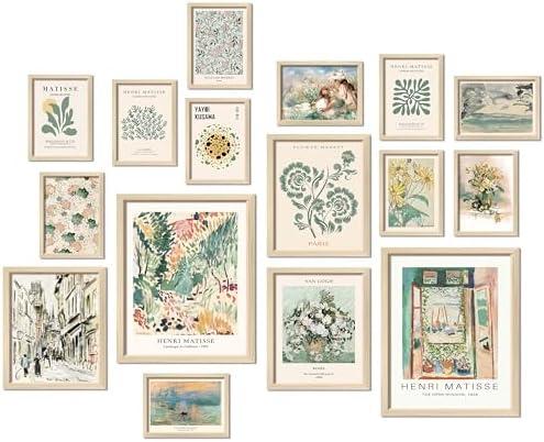ANERZA 16 PCS Unframed Sage Green Wall Art Decor, Matisse Wall Prints for Bedroom, Gallery Wall Frame Set, Abstract Posters for Living Room Aesthetic, Collage Kit Pictures, Boho Dorm Home Decor,