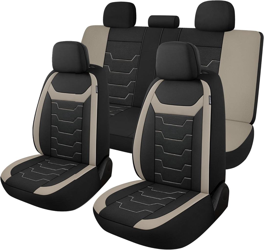 CAROMOP Breathable Car Seat Covers Full Seats,3D Air Mesh Cloth Seat Covers for Cars, Split Bench Compatible Car Interior Covers, Universal Fit Most Car Sedan Truck SUV(Black/Beige)