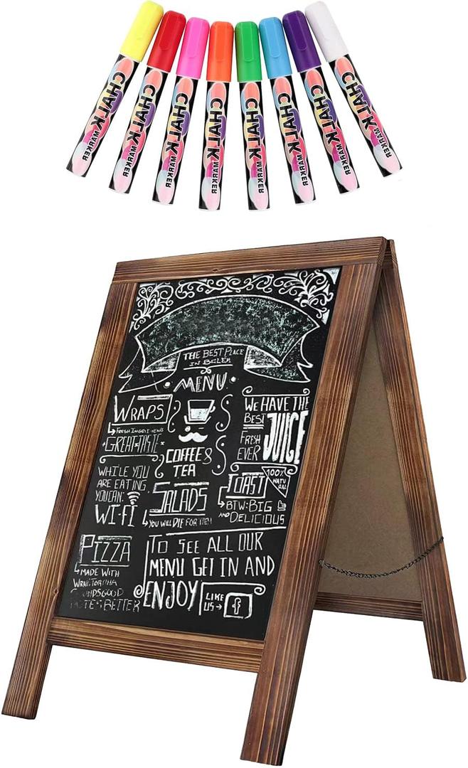 Rustic Whitewash Double Sided Chalkboard, 7.5"*8.6" Tabletop Stand, Small Countertop Chalkboard Easel with 8Pcs Liquid Chalk for Menu, Kitchen, Restaurants, Bar, Wedding and Home Decor (Torched Brown)