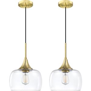 2 Pack 1 Light Hanging Indoor Kitchen Island Pendant Ceiling Light 8.2" Clear Glass Shade Fixture,Gold Finish Modern Farmhouse Dinning Over Sink