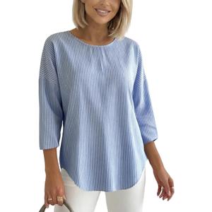 Women's 2026 Summer 3/4 Sleeve Tops Casual Striped T Shirts Crewneck Loose Office Work Shirts Cotton Blouses (Blue, XL)