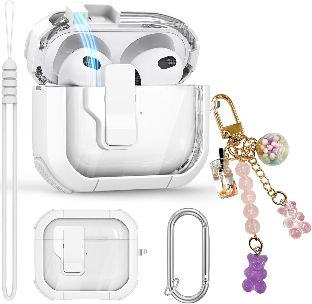 Clear Case for AirPods 3 Gen Case 2021, Secure Lock Case for Apple Airpod 3rd Generation Case Cover with Silicone Wrist Strap Cute Candy Keychain for Women,White