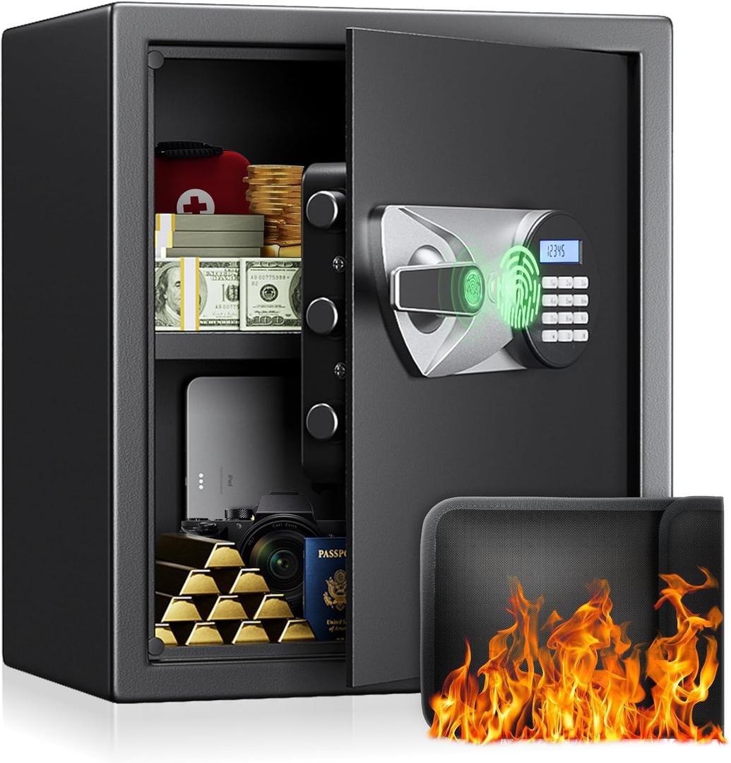 BlackSmith Biometric Safe Box 1.5 Cub Home Security Safe Fingerprint Recognition Money Safe with Keys Keypad Lock Box Secure Jewelry Valuables with Dual Alarm System Fireproof Bag, Black