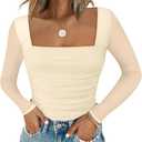 Chunpin Women's Bodysuits Square Neck Long Sleeve Bodysuits Mesh Ruched Thong Body Suit Outfits Going Out Tops (Large)