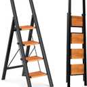 GameGem 4 Step Ladder, Lightweight Aluminum Folding Step Stool with Convenient Handgrip, Stepladders with Anti-Slip and Wide Pedal for Home Use Space Saving - Black+Woodgrain