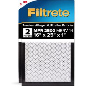 Filtrete 16x25x1 AC Furnace Air Filter, MERV 14, MPR 2500, Premium Ultra Fine Particle, 3-Month Pleated 1-Inch Electrostatic Air Cleaning Filter, 2-Pack (Actual Size 15.69 x 24.69 x 0.81 in)