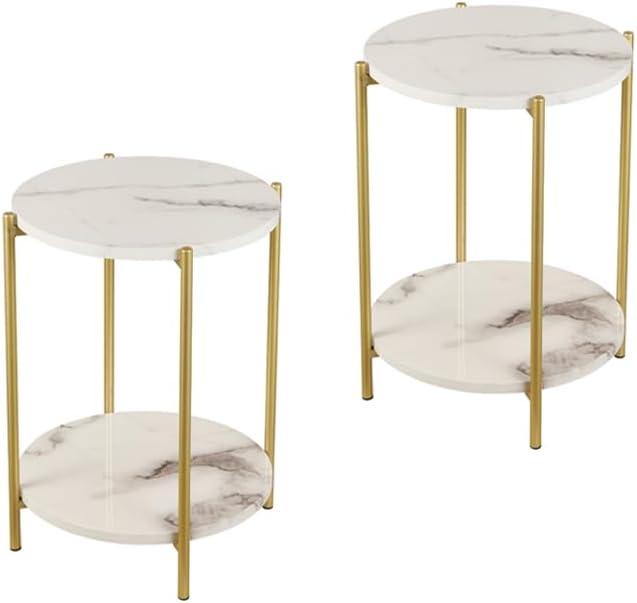 2 Tier Round Side Table, Folding End Tables Coffee Table Simplistic Sofa Table Waterproof Removable Tray Table Indoor Outdoor Accent Table for Living Room Bedroom (Faux Marble White, 2pcs)