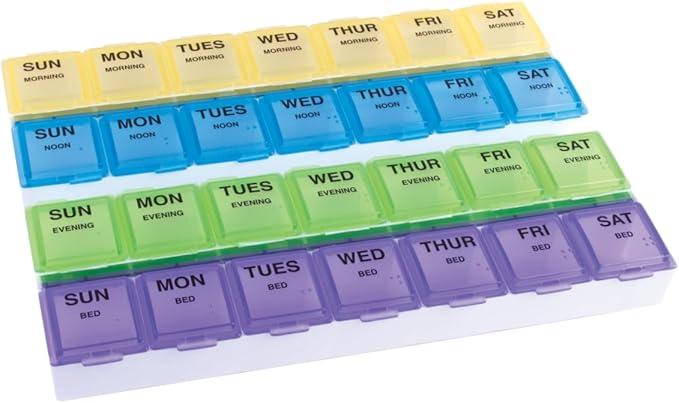EZY DOSE Weekly (7Day) Daily Medtime Pill Case, Medicine Planner, Vitamin Organizer, Supplement and Fish Oil Container, Large Compartments with Rounded Base, 4 Times a Day, Colored Lids, BPA Free (Yellow/Blue/Green/Purple)